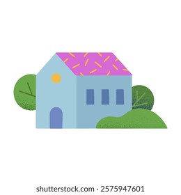 Vector isolated hand drawn cartoon house,hills and trees.Countryside buiding in the spring or summer.Green eco town design concept for banners,real estate,prints,social media,advertising,branding