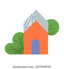 Vector isolated hand drawn cartoon house,hills and trees.Countryside buiding in the spring or summer.Green eco town design concept for banners,real estate,prints,social media,advertising,branding