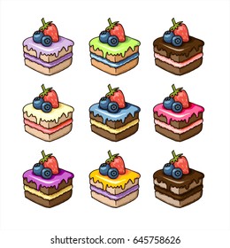 Vector isolated  hand drawn desserts. Set of  piece of cake with blueberries, strawberries, cream.