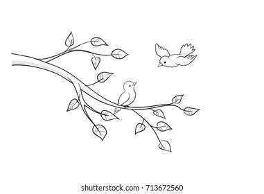 Vector isolated hand drawn graphic with birds and branch for coloring page.