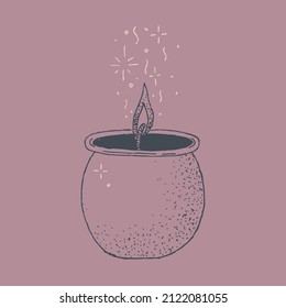 Vector isolated hand drawn illustration of a sketch glass burning candle with stars and sparkles. Tender background. Cosy art. Flame