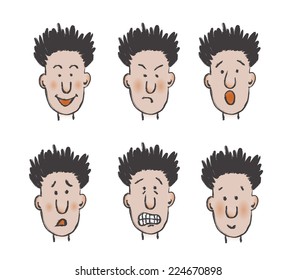 Vector isolated hand drawn set of six facial expressions. Gradient and transparency were used to create this image