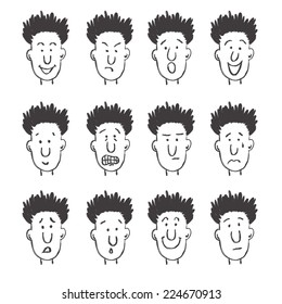 Vector isolated hand drawn set of twelve facial expressions