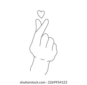 Vector aislado de la mano gesto corazón hecho de dos dedos contorno blanco y negro incoloro línea de dibujo fácil