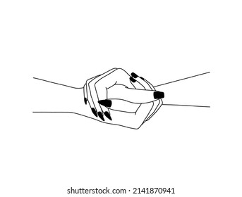 Vector isolated hand gesture two female hands holding each other colorless black and white contour line drawing