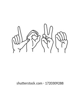 Vector isolated hand gestures word letters LOVE colorless black and white contour line drawing