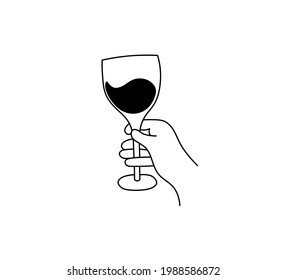 Vector isolated hand with glass of wine line drawing. Hand handing glass of wine graphic icon logotype symbol. 