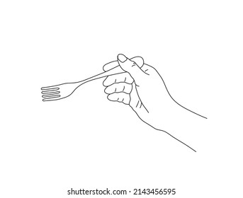 Vector isolated hand holding the fork colorless black and white contour line drawing