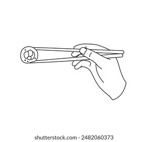 Vector isolated hand with sushi in sticks logo colorless black and white contour line easy drawing	
