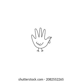 Vector isolated hand turkey chicken contour line doodle drawing. Glove turkey chicken bird toy cute doodling