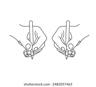 Vector isolated hand writing with pen left and right hands with pencil colorless black and white contour line easy drawing