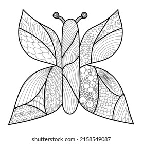 Vector isolated hand-drawn butterfly. Linear art illustration for a coloring book. An anti-stress hobby.