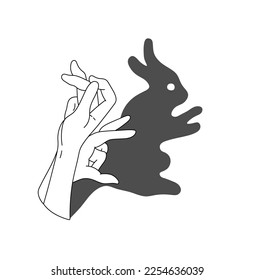 Vector isolated hands fingers animal figure rabbit hare shadow theatre colorless black and white contour line easy drawing