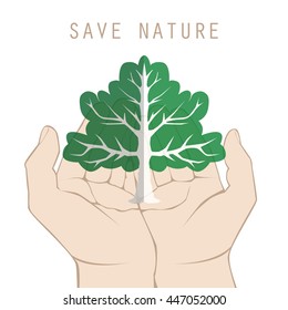 Vector isolated hands holding paper tree, symbolizing nature protection. Transparency was used to create this file. No gradient. 