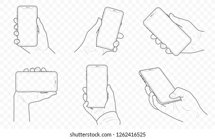 Vector isolated hands put smartphone and phone, outline hands push and tap screen with x and xs size.