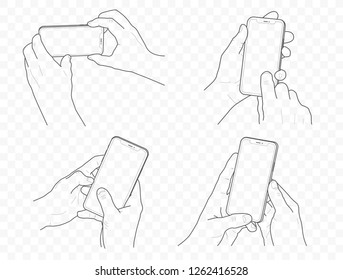 Vector isolated hands put smartphone and phone, outline hands push and tap screen with x and xs size.