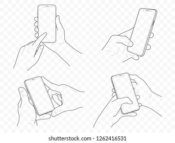 Vector isolated hands put smartphone and phone, outline hands push and tap screen with x and xs size.