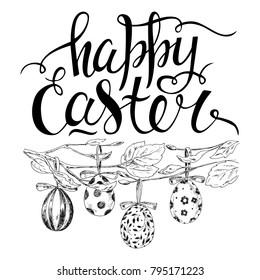 Vector isolated handwritten inscription Happy Easter with hand drawn decorated eggs hang on a tree. Black and white. Doodle sketch. Brush lettering. Modern calligraphy.