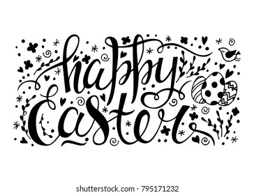 Vector isolated handwritten inscription Happy Easter with hand drawn eggs, bird and willow branches. Black and white. Doodle sketch. Brush lettering. Modern calligraphy.