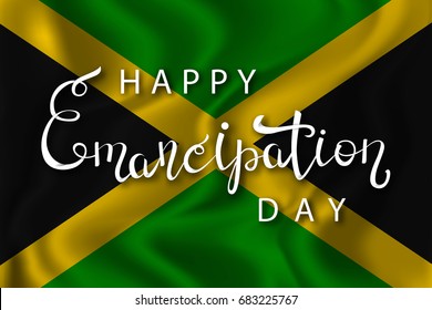 Vector isolated handwritten lettering for 1th August Emancipation Day in Jamaica on the realistic flag background. Vector calligraphy poster for greeting card and covering.