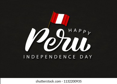 Vector isolated handwritten lettering for 28th July Independence Day in Peru with origami flag for decoration and covering on the dark background.