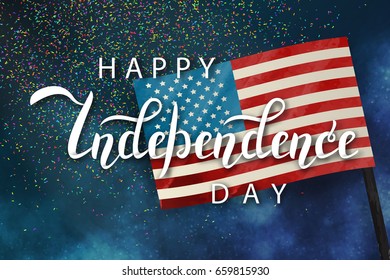 Vector isolated handwritten lettering for 4th July Independence Day in USA and watercolor design american flag on confetti background. Vector calligraphy poster for greeting card and covering.