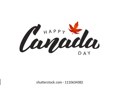 Vector isolated handwritten lettering logo for Canada Day with realistic red maple leaf. Vector typography for greeting card, decoration and covering. Concept of Happy Canada Day.