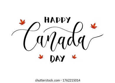 Vector isolated handwritten lettering logo for Canada Day with realistic red maple leaf. Concept of Happy Canada Day.