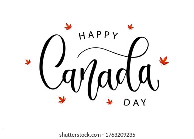 Vector isolated handwritten lettering logo for Canada Day with realistic red maple leaf. Concept of Happy Canada Day.