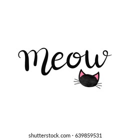 Vector isolated handwritten lettering Meow on white background. Vector calligraphy for greeting card, decoration and covering. Concept of cat quote.