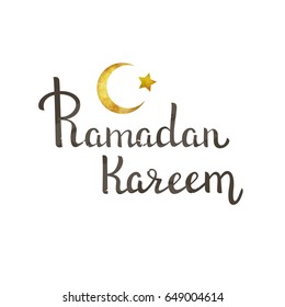 Vector isolated handwritten lettering for Ramadan Kareem on white background. Vector calligraphy for greeting card, decoration and covering. Golden moon vector illustration.