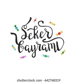 Vector isolated handwritten lettering for Seker Bayrami, Candy Festival on white background. Vector calligraphy for greeting card, decoration and covering. Happy Seker Bayram in Turkey.