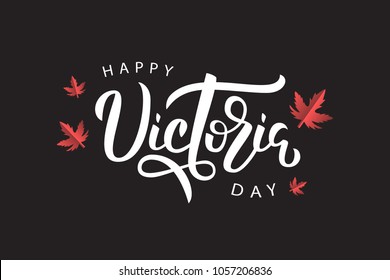 Vector isolated handwritten lettering for Victoria Day with origami maple leaves. Vector typography for greeting card, decoration and covering. Concept of Happy Victoria Day in Canada.