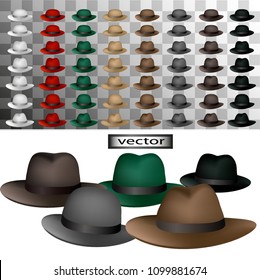 Vector isolated hat illustration For men classic gentleman retro and modern, various colors red, black, white, brown, gray to wear hat, for street, realistic 3D, isolated on transparent background