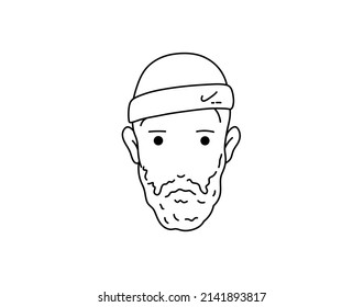 Vector Isolated Head Of Bald Man With A Beard In A Sports Headband Colorless Black And White Contour Line Doodle Drawing