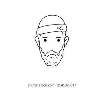 Vector isolated head of bald man with a beard in a sports headband colorless black and white contour line doodle drawing