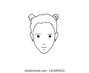 Vector isolated head of girl with two bunches hairstyle colorless black and white contour line doodle drawing