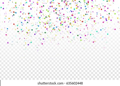 Vector isolated heart colorful confetti on the transparent background. Concept of happy birthday, party, romantic event and holidays.