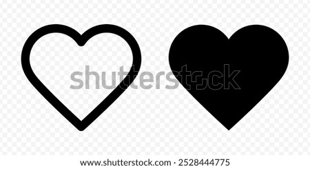 Vector isolated heart icon set in black outline and fill