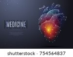 Vector isolated heart with pain center. Low poly wireframe and points. Polygonal 3D white human organ on dark background. Medicine concept with geometry triangle. Abstract heart pain mash line origami