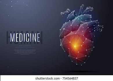 Vector isolated heart with pain center. Low poly wireframe and points. Polygonal 3D white human organ on dark background. Medicine concept with geometry triangle. Abstract heart pain mash line origami