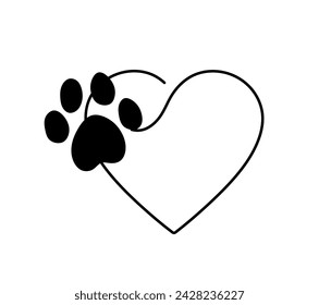 Vector isolated heart and paw symbol colorless black and white contour line easy drawing	