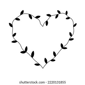 Vector isolated heart shape branch tvig leaves liana with black leaves colorless black and white contour line easy drawing