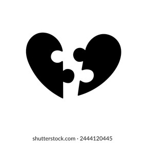 Vector isolated heart shaped puzzle with two parts details colorless black and white outline silhouette shdow shape