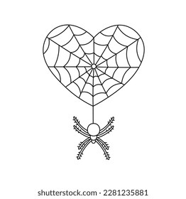 Vector isolated heart shaped spider web gossamer cobweb with hanging spider colorless black and white contour line easy drawing