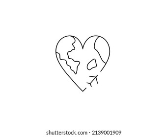 Vector isolated heart shaped world map with fliung airplane colorless black and white contour line drawing