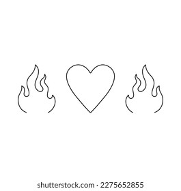 Vector isolated heart symbol between two fire flames colorless black and white contour line easy drawing