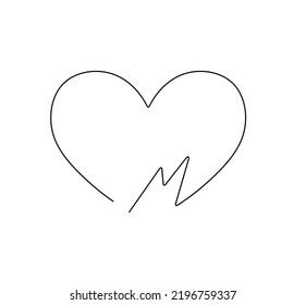 Vector isolated heart symbol and letter M colorless black   white contour line drawing