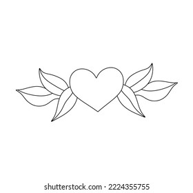 Vector isolated heart symbol with tree leaves by the sides colorless black and white contour line easy drawing