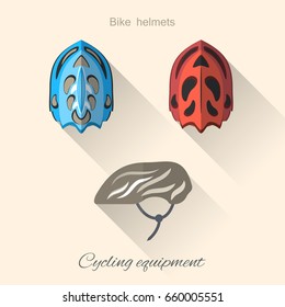 Vector isolated hexagon flat icons set of bicycle helmets with long shadow on the light background.